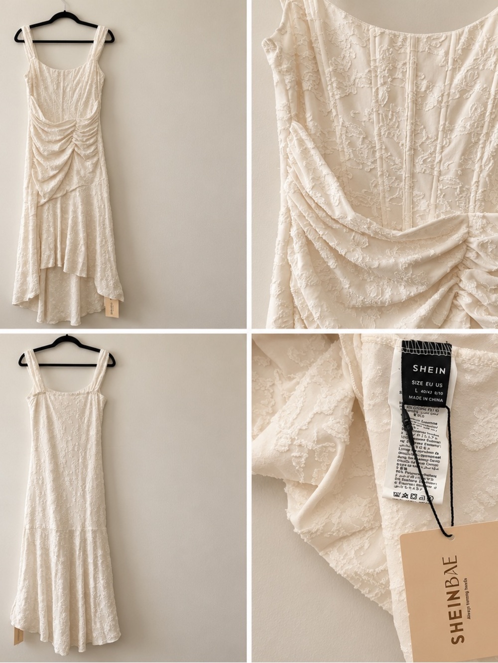 SHEIN Cream Lace Ruched Asymmetrical Midi Dress with Wide Straps